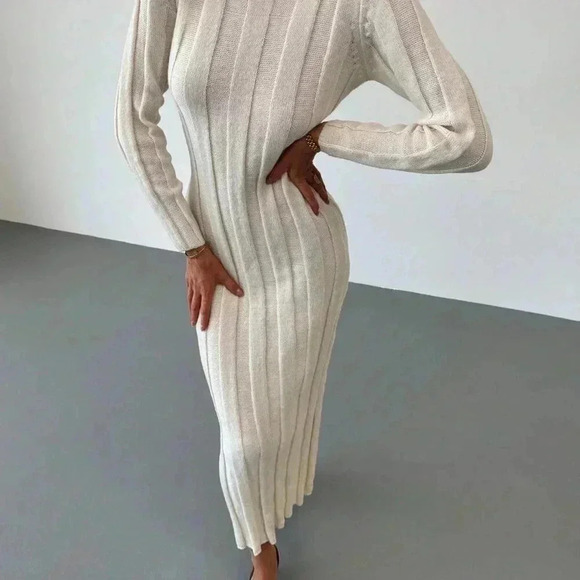 Beige Elegant Women's Crew Neck Long Warm & Comfortable Knit Casual Dress - Picture 4 of 7